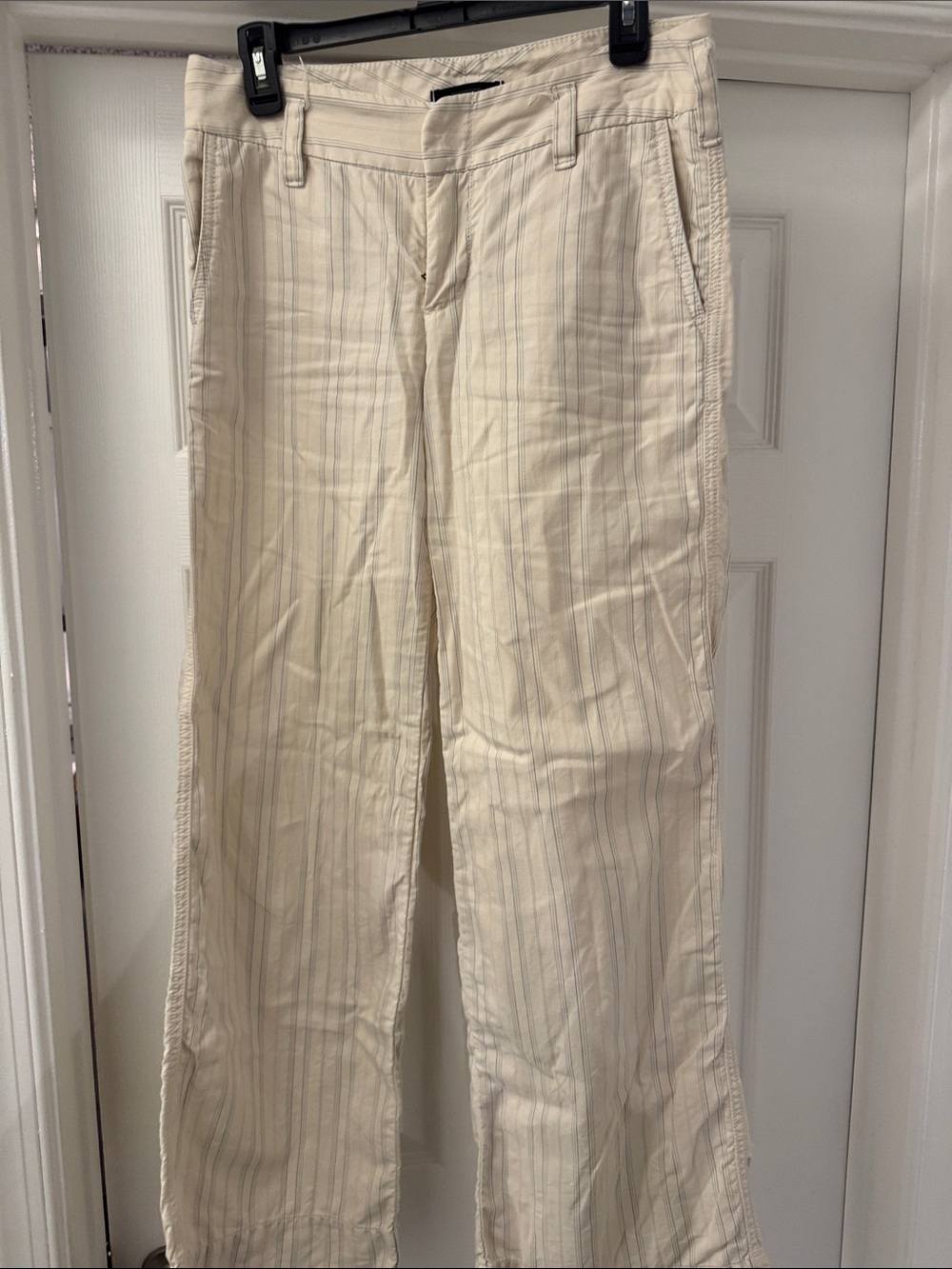 Express 90’s Y2K Super Low Rise Beige Blue Pinstriped Womens Wide Leg Pants Sz 4